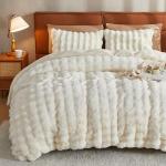 JELLYMONI Plush Duvet Cover Set - King Size Beige Faux Fur Comforter Cover 3pcs Bedding Set Luxury Ultra Soft Striped Fluffy Duvet Cover with Zipper and 2 Pillowcases (NO Comforter)