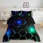 Feelyou Blue and Black Comforter Set Queen Size Kids Honeycomb Comforter for Boys Teens Geometry Hexagon Theme Bedding Set Breathable Geometric Purple Blue Duvet Set Room Decor Quilt Set