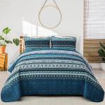 WONGS BEDDING Boho Queen Quilt Set, Blue Bohemian Queen Quilt Bedding Set, Lightweight Microfiber Bed Decor Bedspread for All Season 96"x90"(3 Pieces)