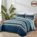 WONGS BEDDING Boho Queen Quilt Set, Blue Bohemian Queen Quilt Bedding Set, Lightweight Microfiber Bed Decor Bedspread for All Season 96"x90"(3 Pieces)