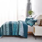 WONGS BEDDING Boho Queen Quilt Set, Blue Bohemian Queen Quilt Bedding Set, Lightweight Microfiber Bed Decor Bedspread for All Season 96"x90"(3 Pieces)