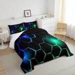 Feelyou Blue and Black Comforter Set Queen Size Kids Honeycomb Comforter for Boys Teens Geometry Hexagon Theme Bedding Set Breathable Geometric Purple Blue Duvet Set Room Decor Quilt Set