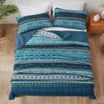 WONGS BEDDING Boho Queen Quilt Set, Blue Bohemian Queen Quilt Bedding Set, Lightweight Microfiber Bed Decor Bedspread for All Season 96"x90"(3 Pieces)