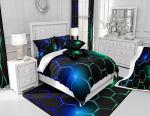 Feelyou Blue and Black Comforter Set Queen Size Kids Honeycomb Comforter for Boys Teens Geometry Hexagon Theme Bedding Set Breathable Geometric Purple Blue Duvet Set Room Decor Quilt Set