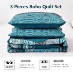 WONGS BEDDING Boho Queen Quilt Set, Blue Bohemian Queen Quilt Bedding Set, Lightweight Microfiber Bed Decor Bedspread for All Season 96"x90"(3 Pieces)