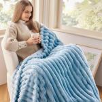 NEWCOSPLAY Super Soft Throw Blanket Blue Premium Silky Flannel Fleece 3D Ribbed Jacquard Lightweight Bed Blanket All Season Use (Blue Ribbed, Throw(50"x60"))