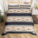 Fish Bedding Duvet Cover Set Kids Fish Hook Fishing Theme Bedding Set Sea Animal Bird Comforter Cover Set for Boys Room Decor Bohemian Style Yellow Bedspread Cover Queen Size with 2 Pillow Case