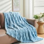 NEWCOSPLAY Super Soft Throw Blanket Blue Premium Silky Flannel Fleece 3D Ribbed Jacquard Lightweight Bed Blanket All Season Use (Blue Ribbed, Throw(50"x60"))