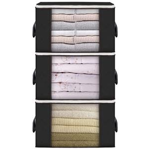 Large Storage Bags, 3 Pack Clothes Storage Bins Foldable Closet Organizers Storage Containers with Durable Handles Thick Fabric for Blanket Comforter Clothing Bedding 90 L (Black)