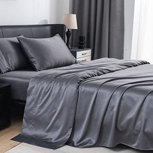 MISERRO Full Silk Sheets - 100% Luxury Satin Bed Sheets Set - 4pc Cooling Sheets for Full Size Bed - 16" Deep Pocket (Full, Darkgrey)