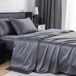 MISERRO Full Silk Sheets - 100% Luxury Satin Bed Sheets Set - 4pc Cooling Sheets for Full Size Bed - 16" Deep Pocket (Full, Darkgrey)