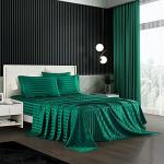 AiMay 6 Piece Satin Italian Style Bed Sheet Set Deep Pocket Stripes Super Soft 1800 Luxury Rich Silk 1 Flat Sheet 1 Fitted Sheet 4 Envelope Pillowcases Stain-Resistant Wrinkle Free (Queen,Green)