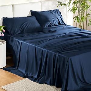 Bedsure GentleSoft Queen Sheet Set, Rayon Derived from Bamboo, Cooling Sheets, Breathable & Soft, Deep Pocket Up to 16 Inches, Hotel Luxury Silky Bedding for Hot Sleepers, Navy