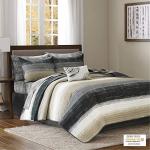 Madison Park Essentials Saben Cozy Bed in A Bag Reversible Quilt with Complete Cotton Sheet Set-Geometric Design All Season Cover, Decorative Pillow, Queen(90"x90"), Stripes Taupe 8 Piece