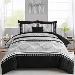 Anibedding Black Comforter Set Full Size,8 Pieces Boho Bed in a Bag Patchwork Striped Comforter Set, Soft Microfiber Bedding Set for All Season(78"×90")