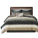 Madison Park Essentials Saben Cozy Bed in A Bag Reversible Quilt with Complete Cotton Sheet Set-Geometric Design All Season Cover, Decorative Pillow, Queen(90"x90"), Stripes Taupe 8 Piece