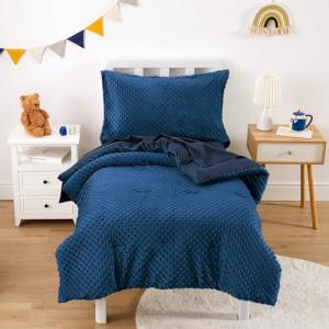 Wake In Cloud - Minky Dot Toddler Bedding Set for Boys Girls, 4 Pieces Soft Crib Bed Set Including Comforter, Sheets and Pillowcase, Reversible with Fleece and Microfiber, Navy Blue