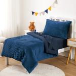 Wake In Cloud - Minky Dot Toddler Bedding Set for Boys Girls, 4 Pieces Soft Crib Bed Set Including Comforter, Sheets and Pillowcase, Reversible with Fleece and Microfiber, Navy Blue