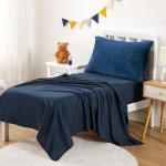 Wake In Cloud - Minky Dot Toddler Bedding Set for Boys Girls, 4 Pieces Soft Crib Bed Set Including Comforter, Sheets and Pillowcase, Reversible with Fleece and Microfiber, Navy Blue