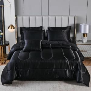 Black Silky Comforter Set Satin Queen Bed in a Bag 8 Pieces Luxury Hotel Silky Bedding with 1 Comforter, 1 Flat Sheet, 1 Fitted Sheet, 4 Pillowcases, 1 Cushion Cover (Queen, Black)
