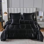 Black Silky Comforter Set Satin Queen Bed in a Bag 8 Pieces Luxury Hotel Silky Bedding with 1 Comforter, 1 Flat Sheet, 1 Fitted Sheet, 4 Pillowcases, 1 Cushion Cover (Queen, Black)