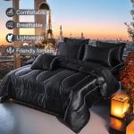 Black Silky Comforter Set Satin Queen Bed in a Bag 8 Pieces Luxury Hotel Silky Bedding with 1 Comforter, 1 Flat Sheet, 1 Fitted Sheet, 4 Pillowcases, 1 Cushion Cover (Queen, Black)