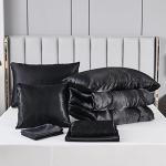 Black Silky Comforter Set Satin Queen Bed in a Bag 8 Pieces Luxury Hotel Silky Bedding with 1 Comforter, 1 Flat Sheet, 1 Fitted Sheet, 4 Pillowcases, 1 Cushion Cover (Queen, Black)