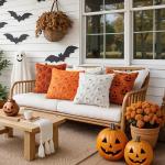 MIULEE Halloween Pillow Covers Cute Ghost Spooky Throw Pillows Set of 2 Soft Plush Faux Fur Fall Decorative Cushion Covers for Couch Sofa Bed Porch Living Room Autumn Decor 18x18 inch Burnt Orange