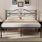 VECELO Queen Size Bed Frame, Metal Bed Platform with Headboard, Sturdy Steel Slats Support, No Box Spring Needed/Noise-Free,Easy Assembly, Black