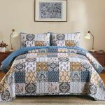 WONGS BEDDING Boho Quilt Set Queen Size, Blue Patchwork Plaid Bedspread Bedding Sets Paisley Soft Microfiber Quilts for Queen Bed 3 Pieces Coverlet Set for All Season (96"x90")