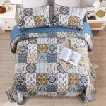WONGS BEDDING Boho Quilt Set Queen Size, Blue Patchwork Plaid Bedspread Bedding Sets Paisley Soft Microfiber Quilts for Queen Bed 3 Pieces Coverlet Set for All Season (96"x90")