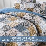 WONGS BEDDING Boho Quilt Set Queen Size, Blue Patchwork Plaid Bedspread Bedding Sets Paisley Soft Microfiber Quilts for Queen Bed 3 Pieces Coverlet Set for All Season (96"x90")