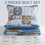 WONGS BEDDING Boho Quilt Set Queen Size, Blue Patchwork Plaid Bedspread Bedding Sets Paisley Soft Microfiber Quilts for Queen Bed 3 Pieces Coverlet Set for All Season (96"x90")