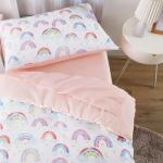 Wake In Cloud - Rainbow Toddler Bedding Set for Girls, Cute Colorful Pastel Rainbow with Clouds, 4 Pieces Soft Crib Bed Set Including Comforter, Sheets and Pillowcase, White Pink
