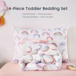 Wake In Cloud - Rainbow Toddler Bedding Set for Girls, Cute Colorful Pastel Rainbow with Clouds, 4 Pieces Soft Crib Bed Set Including Comforter, Sheets and Pillowcase, White Pink