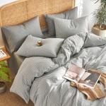 Wake In Cloud - Striped Cotton Duvet Cover Set, 100% Washed Cotton Textured Percale Bedding Set, Ticking Stripe Pinstripe Farmhouse, 3 Pieces, Grey, King Size