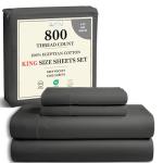100% Cotton Sheets King Size Sheets Set with Fitted Sheet & Pillowcase Sets, 800 Thread Count Sateen Weave 4 piece Deep Pocket King Sheet Set, Soft & Comfy Naturally Cool Luxury Bedding- Charcoal