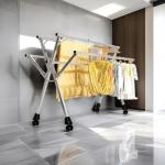 Adjustable 5-Bar Clothes Drying Rack, Foldable Stainless Steel Laundry Stand with Lockable Wheels, Extendable from 59 to 94.5 Inches,for Clothes, Shoes, and Bedding