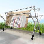 Adjustable 5-Bar Clothes Drying Rack, Foldable Stainless Steel Laundry Stand with Lockable Wheels, Extendable from 59 to 94.5 Inches,for Clothes, Shoes, and Bedding
