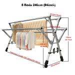 Adjustable 5-Bar Clothes Drying Rack, Foldable Stainless Steel Laundry Stand with Lockable Wheels, Extendable from 59 to 94.5 Inches,for Clothes, Shoes, and Bedding