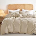 Wake In Cloud - Cotton Duvet Cover Set, Queen Size, Khaki Linen Color, 100% Washed Cotton, Linen Like Textured, Breathable Percale Durable Comfy Farmhouse Neutral Bedding Set, 3 Pieces