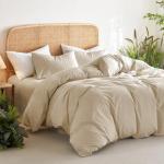 Wake In Cloud - Cotton Duvet Cover Set, Queen Size, Khaki Linen Color, 100% Washed Cotton, Linen Like Textured, Breathable Percale Durable Comfy Farmhouse Neutral Bedding Set, 3 Pieces