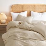 Wake In Cloud - Cotton Duvet Cover Set, Queen Size, Khaki Linen Color, 100% Washed Cotton, Linen Like Textured, Breathable Percale Durable Comfy Farmhouse Neutral Bedding Set, 3 Pieces