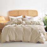 Wake In Cloud - Cotton Duvet Cover Set, Queen Size, Khaki Linen Color, 100% Washed Cotton, Linen Like Textured, Breathable Percale Durable Comfy Farmhouse Neutral Bedding Set, 3 Pieces