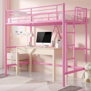 VECELO Metal Loft Bed Twin Size, Heavy Duty Bedframe with Removable Ladder and Safety Guardrail, Space-Saving, Noise Free, No Box Spring Needed, Light Pink