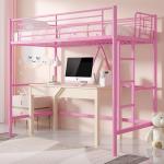 VECELO Metal Loft Bed Twin Size, Heavy Duty Bedframe with Removable Ladder and Safety Guardrail, Space-Saving, Noise Free, No Box Spring Needed, Light Pink