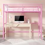 VECELO Metal Loft Bed Twin Size, Heavy Duty Bedframe with Removable Ladder and Safety Guardrail, Space-Saving, Noise Free, No Box Spring Needed, Light Pink