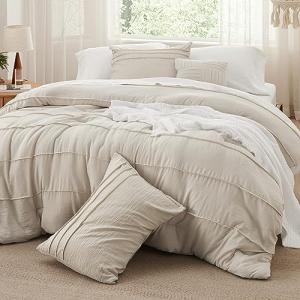 Bedsure Full Comforter Set - 4 Pieces Pinch Pleat Bed Set, Beige Boho Bedding for All Season, 1 Soft Comforter, 2 Pillowcases, 1 Decorative Pillow