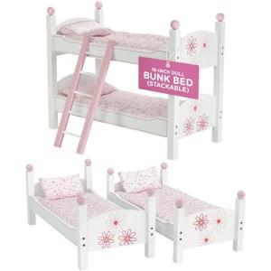 Emily Rose Doll Clothes 18 inch Doll Wooden Bunk Bed Furniture Gift Set for Girls | Stackable Bed Bunkbed, with (2) 4- PC Bedding Sets & Ladder | Toy Playsets Compatible with 14"-19" Dolls