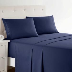 Clara Clark Bed Sheets, Premier 1800 Series 4 Piece Bed Sheet Set, Deep Pocket, Wrinkle, Fade, Stain Resistant, Luxury Soft Bedding Sheets & Pillowcases, Queen, Navy Blue